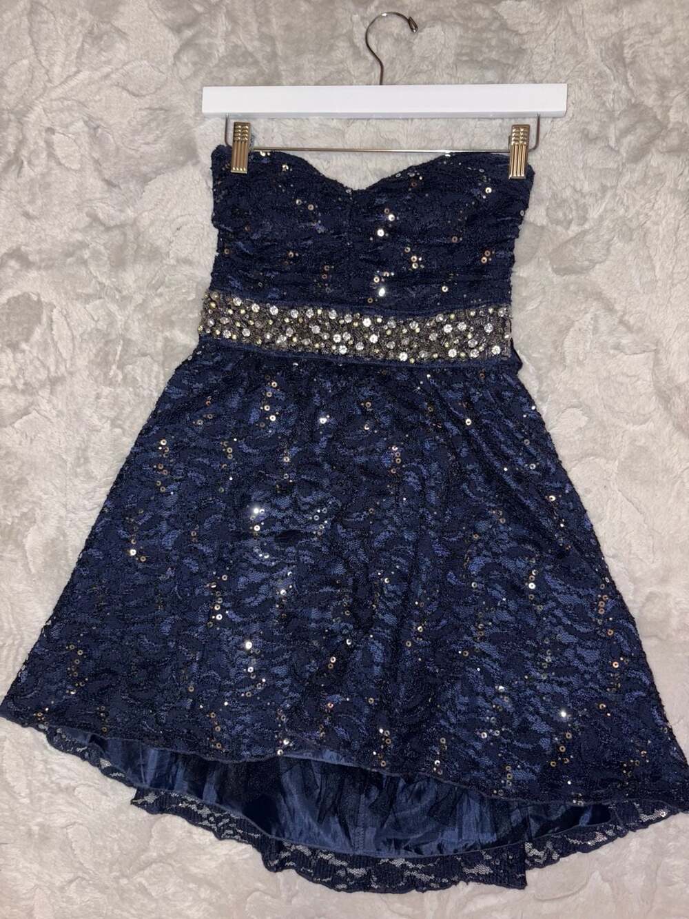 My Michelle Navy Blue Strapless Lace Sequin Mini Dress